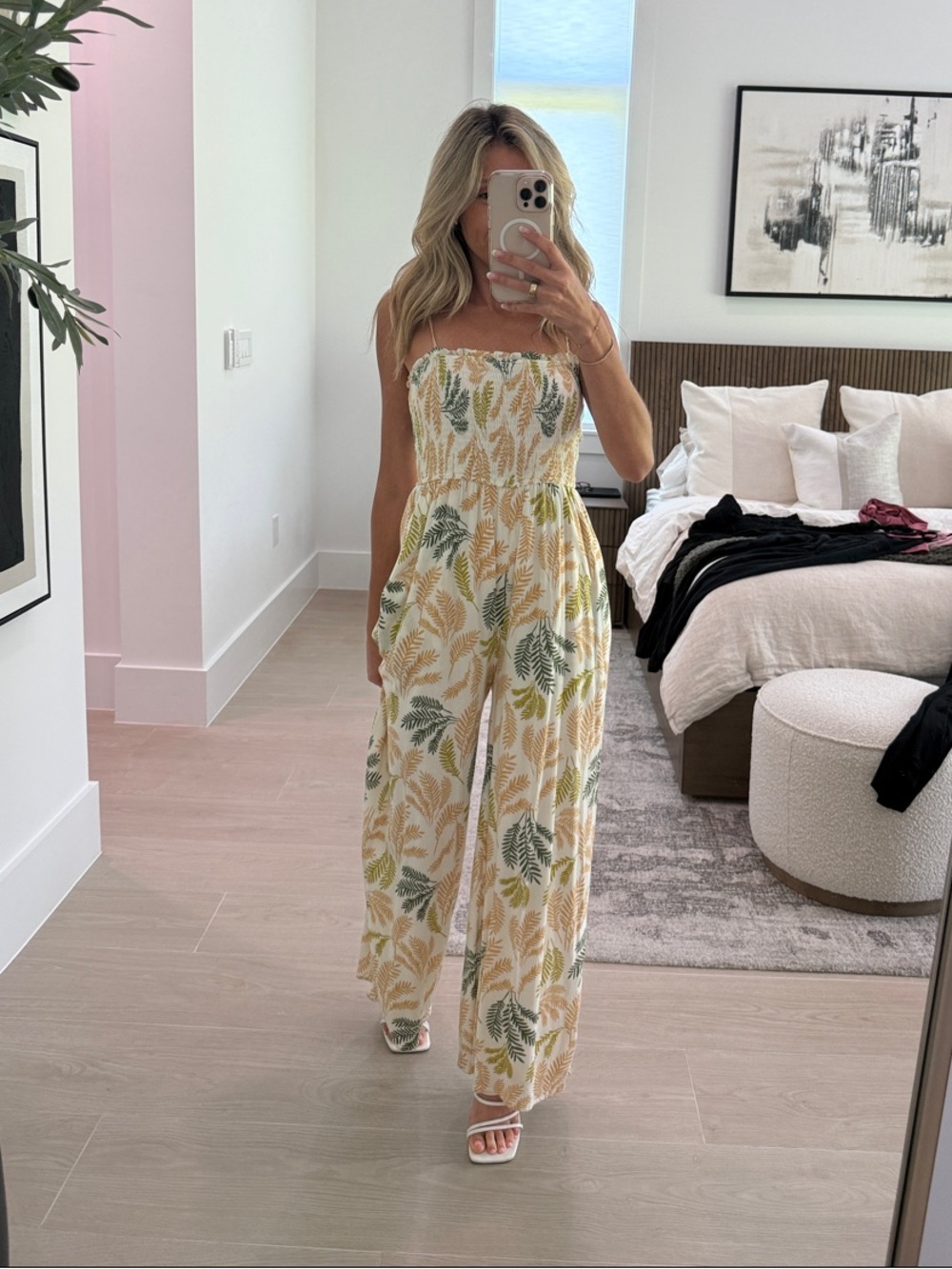 Leaf-Print Wide-Leg Jumpsuit - cream